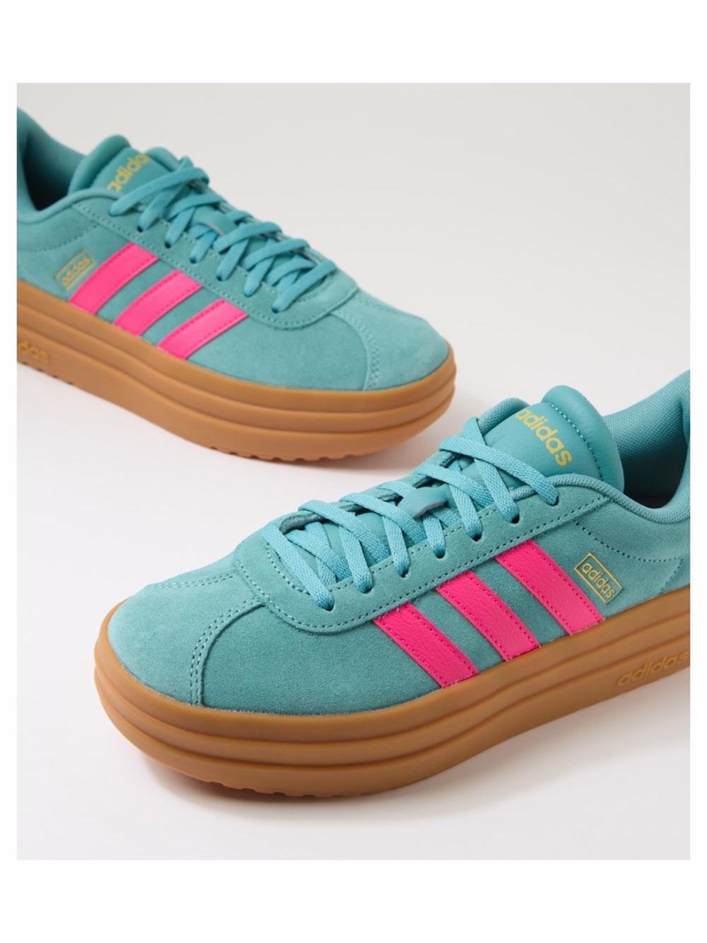 adidas Teal Suede Platform Sneaker with Pink Stripes and Gum Sole